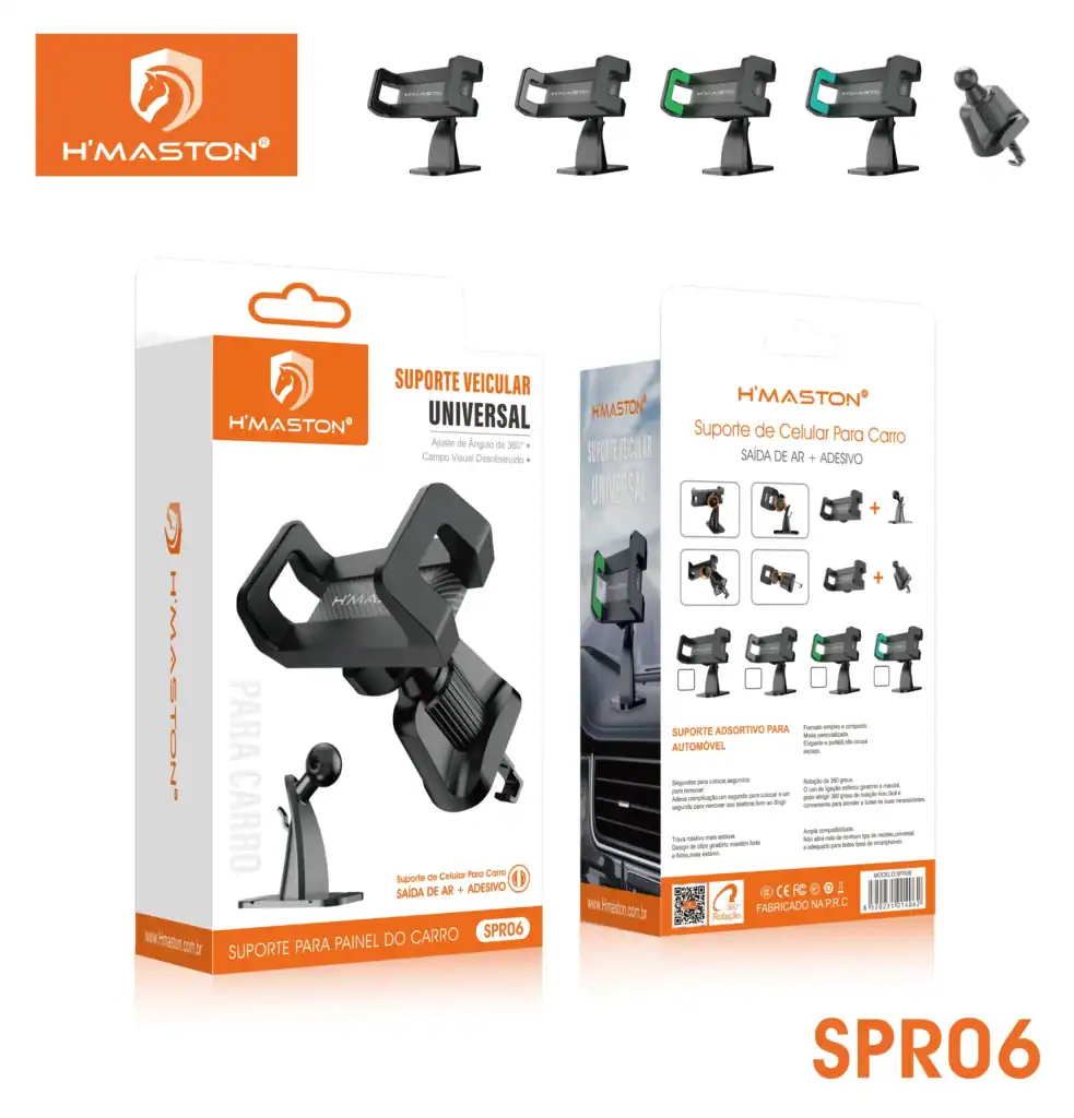 Suporte veicular universal para painel de carro, ajustável em 360°, compatível com smartphones com adesivo e saída de ar, ideal para usar dispositivos móveis na condução.