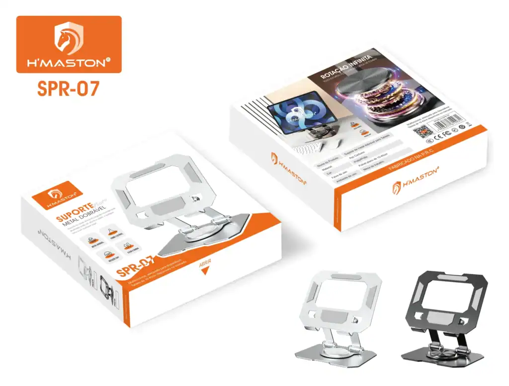 Suporte metálico dobrável para celular, compatível com telas até 10 polegadas, fácil de transportar e usar em diferentes ambientes. Produto resistente, com acabamento em metal de alta qualidade.
