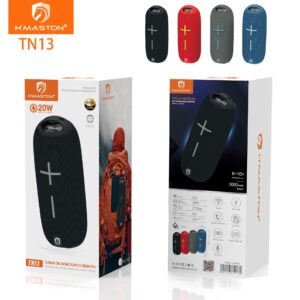 Caixa de som Bluetooth H'Maston TN13 com design dobrável, alta potência de 20W, conexão sem fio de até 10m e bateria de longa duração, ideal para aventuras e uso diário.