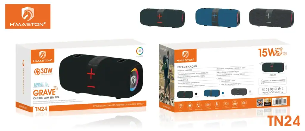 Alt text: Caixa de som portátil Bluetooth H'Maston 30W à prova d'água com luz RGB, ideal para atividades ao ar livre e festas, com conexão estéreo e resistência IPX5.