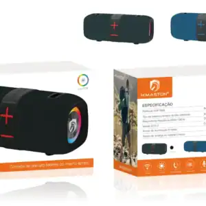 Alt text: Caixa de som portátil Bluetooth H'Maston 30W à prova d'água com luz RGB, ideal para atividades ao ar livre e festas, com conexão estéreo e resistência IPX5.