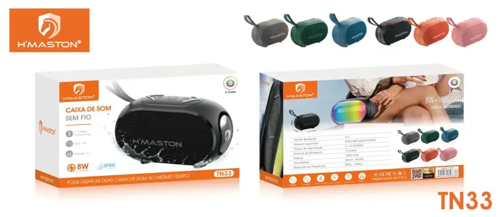 Som portátil H'Maston com Bluetooth, alta potência e design moderno em diversas cores, ideal para usar em casa ou ao ar livre, com bateria de longa duração e resistência IP6X.