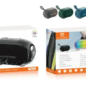 Som portátil H'Maston com Bluetooth, alta potência e design moderno em diversas cores, ideal para usar em casa ou ao ar livre, com bateria de longa duração e resistência IP6X.