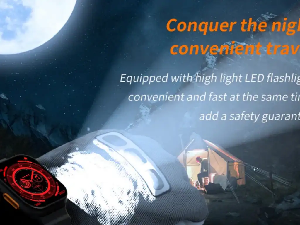 Relógio inteligente com lanterna LED para trilhas e aventuras ao ar livre, ideal para segurança e praticidade durante viagens noturnas ao acampar ou explorar a natureza.