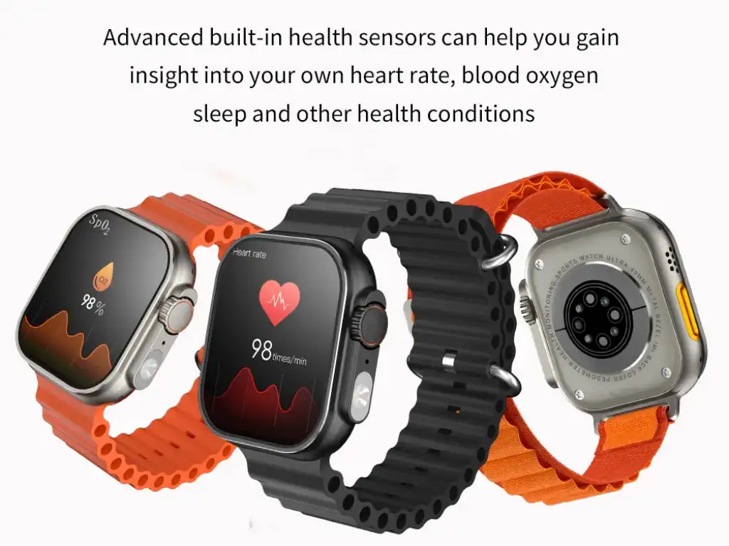 Monitor de saúde com sensores avançados, medição de frequência cardíaca, oxigenação no sangue e controle de sono; acessórios esportivos perfeitos para um estilo de vida saudável.