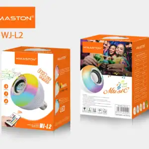 Lâmpada LED colorida com controle remoto e conexão Bluetooth, ideal para festas e decoração de ambientes animados.