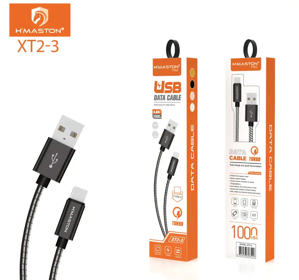 Alto texto: Cabo de dados USB H'Maston XT2-3 de alta qualidade, compatível com dispositivos móveis, carregamento rápido e transferência eficiente de dados, com design resistente e durável.