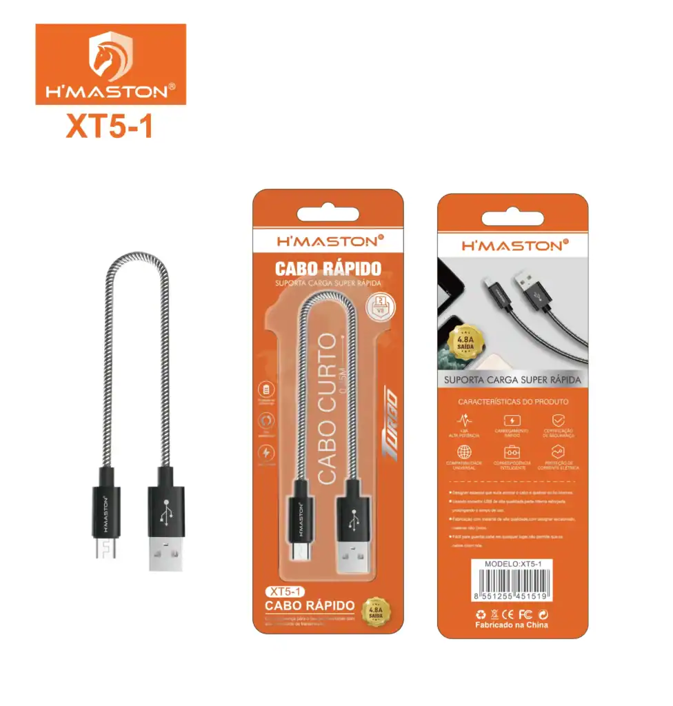 Cabo rápido H'Maston XT5-1, suporte para carga super rápida, compatível com diversos dispositivos, alta resistência e segurança na transmissão de energia, ideal para celular e tablet.