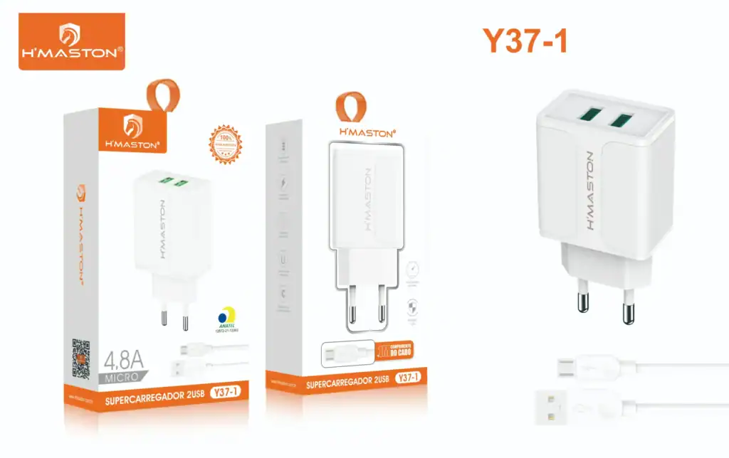 Carregador de parede com duas portas USB, compatível com dispositivos móveis, carga rápida, design compacto em branco, marca H'Maston.