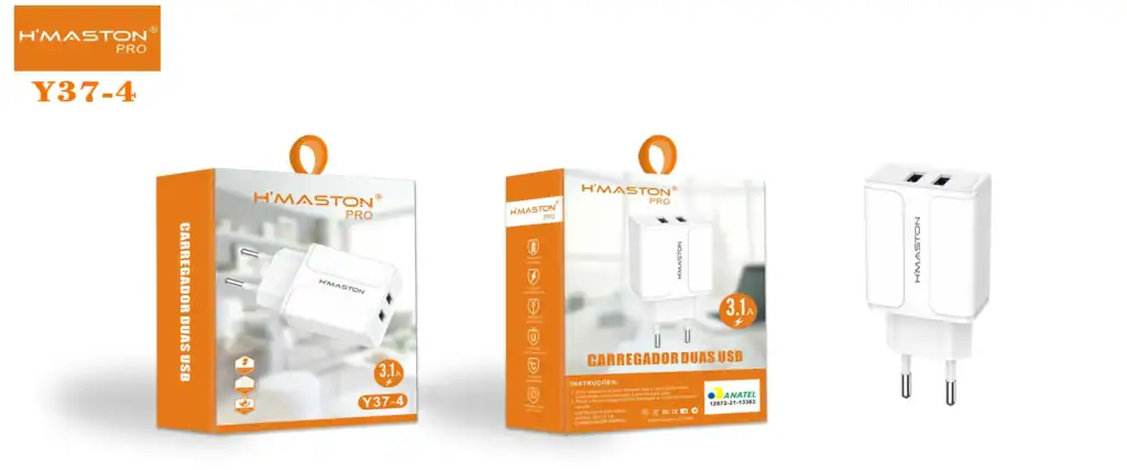 Carregador de USB Duas Saídas H'MASTON PRO Y37-4 com design compacto e alta eficiência, ideal para carregar vários dispositivos simultaneamente, compatível com padrão ANATEL.