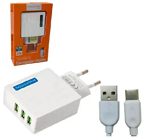 Carregador portátil H'MASTON com cabo USB e adaptador de parede, ideal para recarregar smartphones e dispositivos eletrônicos em qualquer lugar. Produto compatível com várias marcas e modelos.