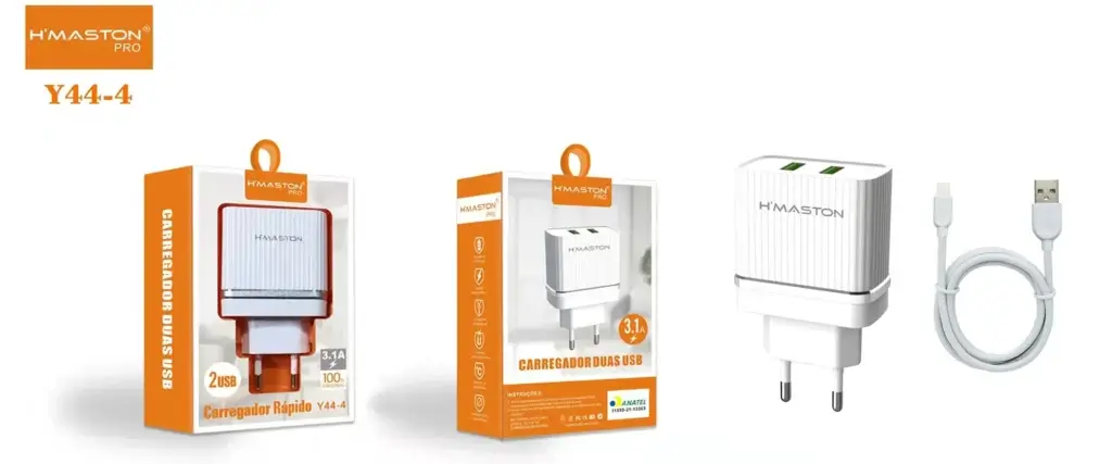 Carregador de celular USB rápido H'Maston, com duas portas e design compacto para carregamento eficiente de smartphones.