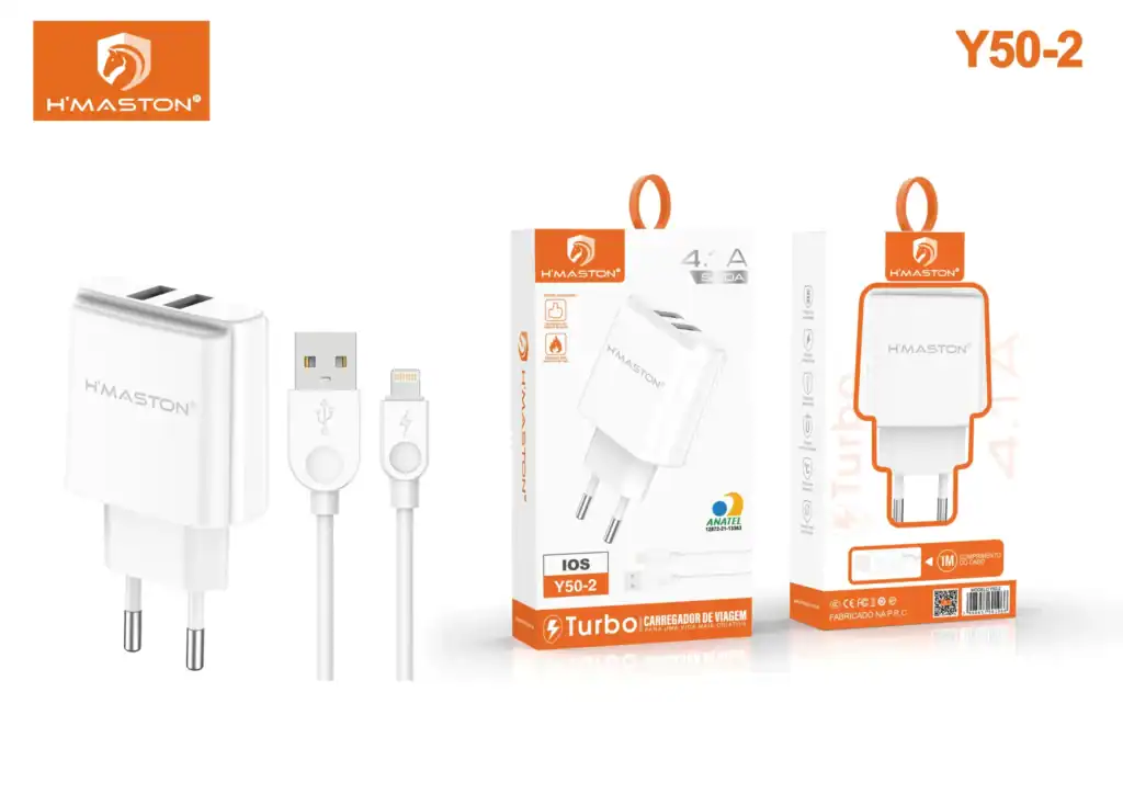 Carregador de viagem H'MASTON Y50-2 compatível com iPhone e Android, carregador turbo de 2 portas com cabo incluso, ideal para viagens e uso diário.
