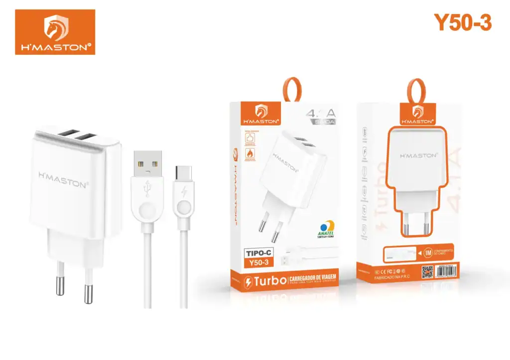 Adaptador de viagem USB Tipo C H'Maston Y50-3, carregador turbo com design compacto e portátil para diversos dispositivos eletrônicos. Ideal para viagens e uso diário.