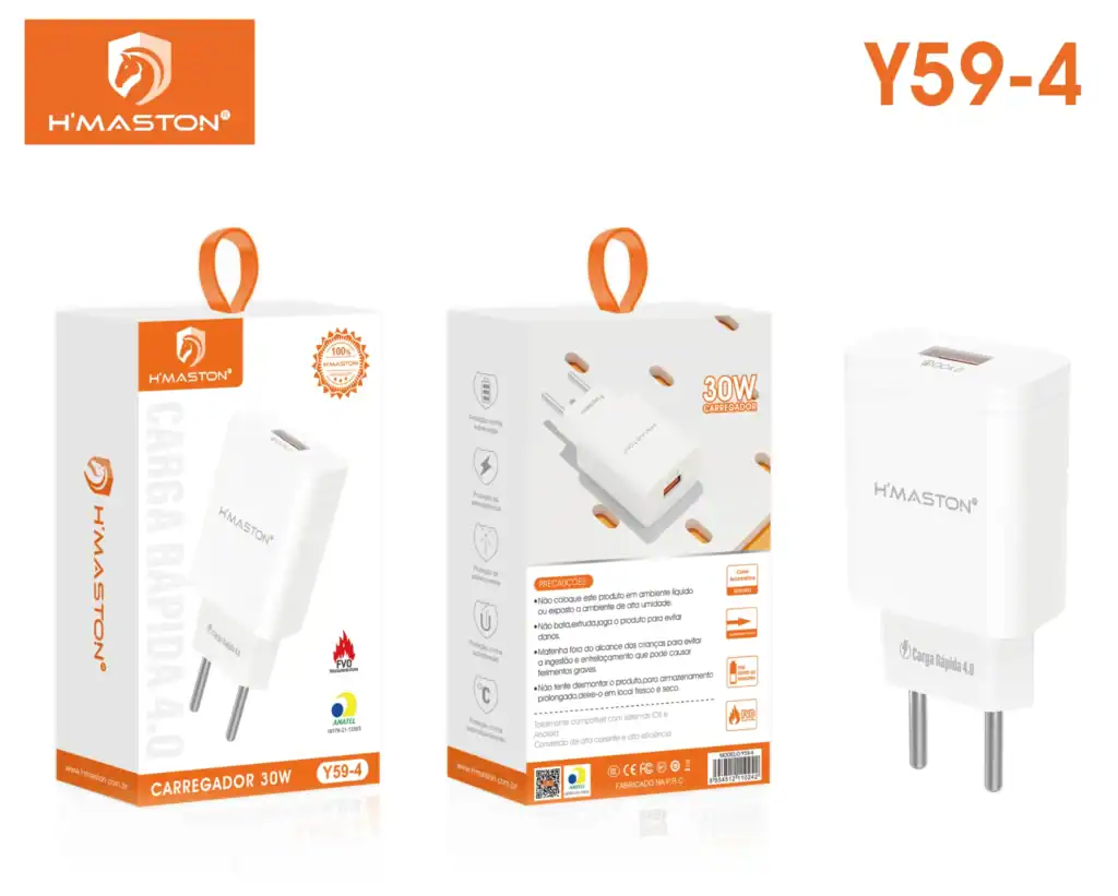 Carregador de celular 30W H'MASTON com tecnologia rápida, compatível com sistemas iOS e Android, proteção contra superaquecimento, curto-circuito e alta eficiência, ideal para viagem e uso diário.