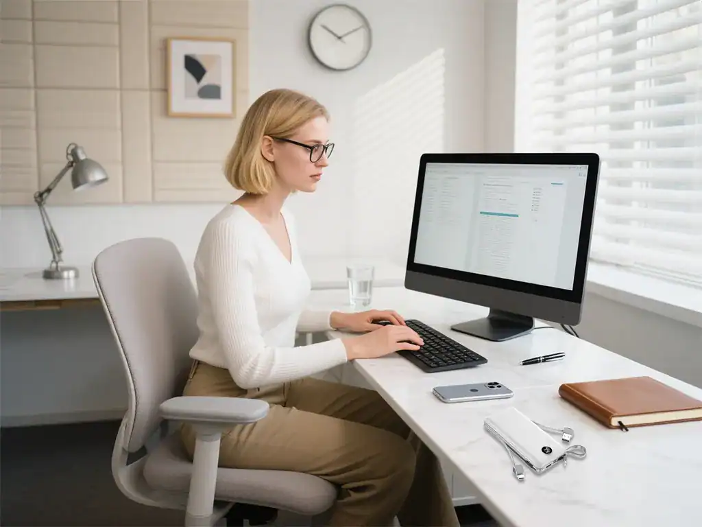 Trabalhadora feminina em escritório moderno usando computador, ambiente de trabalho organizado, iluminação natural, ideal para fotos de negócios e trabalho remoto.