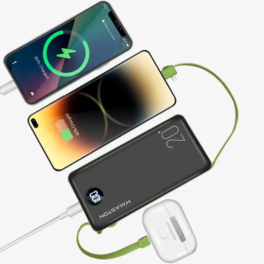 Carregador portátil H'MASTON com vários dispositivos conectados, destacando tecnologia de carregamento rápido e design compacto para conveniência.