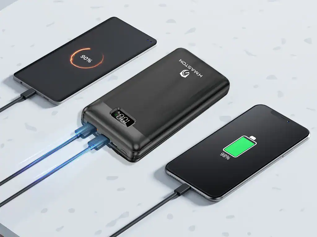 Carregador portátil de alta capacidade carregando smartphones com tecnologia rápida de carga. Dispositivo portátil para manter seus celulares sempre carregados durante o dia.