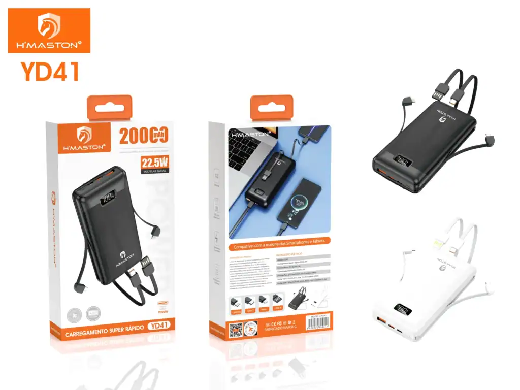 Super carregador portátil H'MASTON YD41 com alta capacidade de 20000mAh, compatível com smartphones, tablets e dispositivos USB, ideal para recarga rápida e em movimento.