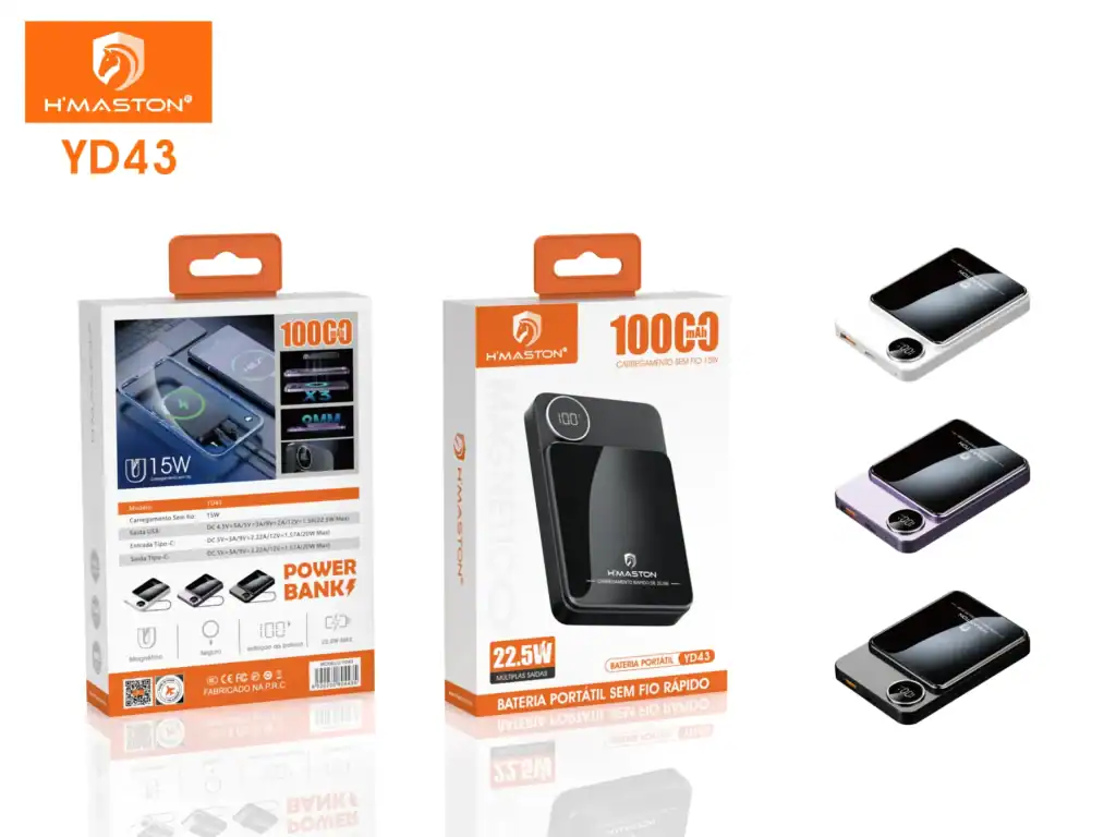 Bateria portátil sem fio H'MASTON YD43, carregamento rápido e alta capacidade de 10000mAh para dispositivos móveis, com design compacto e resistente.