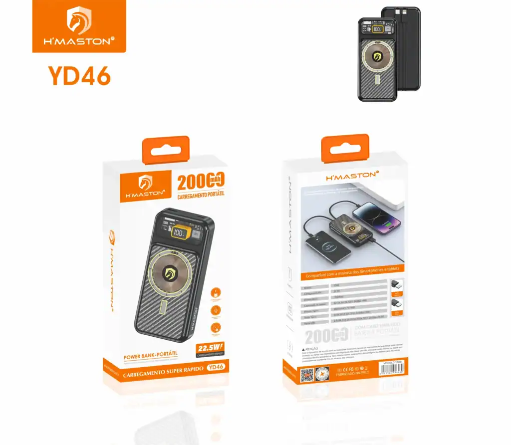 Power bank portátil H'MASTON YD46 com carga rápida, bateria de 2000mAh, compatível com smartphones e tablets, design compacto e durável, ideal para uso em movimento.