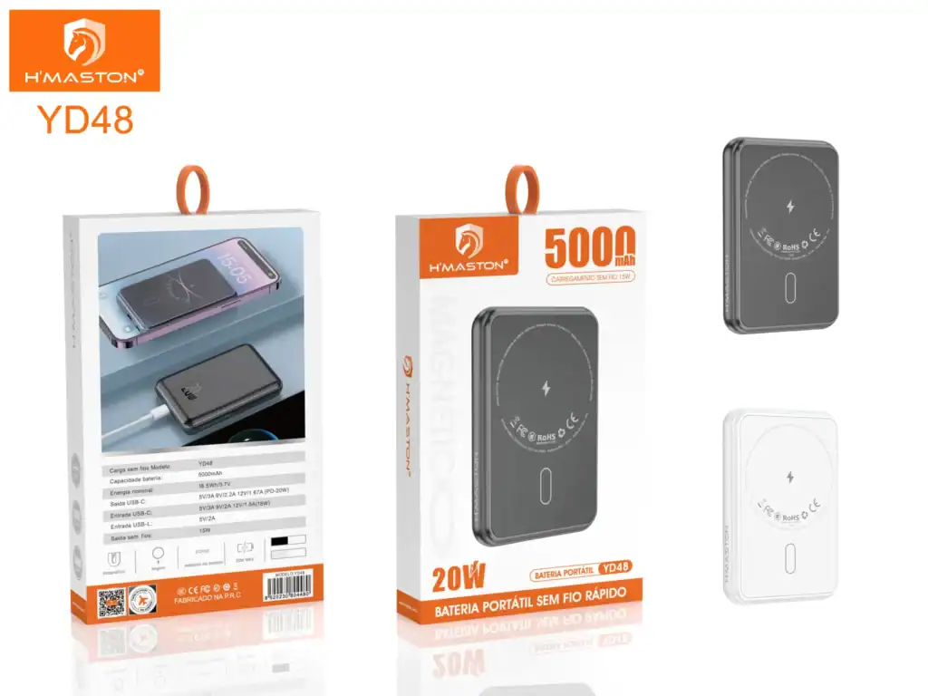 Carregador portátil YD48 de 5000mAh, ideal para recarregar dispositivos móveis com alta eficiência e rapidez.
