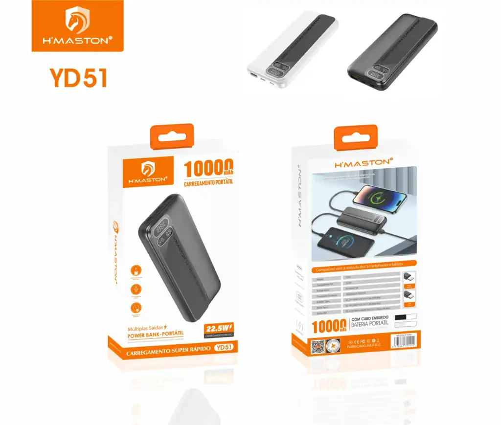 Carregador portátil H'Maston YD51 com bateria de 1000mAh, design compacto, velocidade de carregamento rápido, compatível com smartphones e tablets, ideal para uso em deslocamentos.