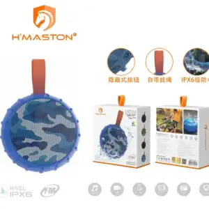 Fone de ouvido portátil com design em camuflagem azul, resistência à água IPX6, conexão Bluetooth, microfone, luz indicadora, mágica, USB, FM, resistente à água, ideal para atividades ao ar livre.