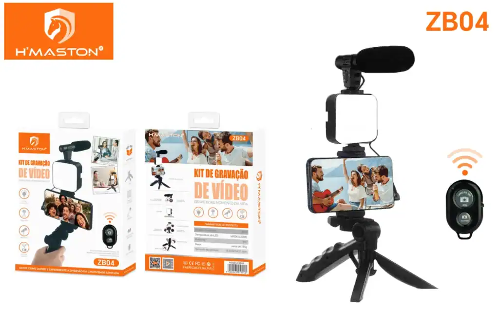 Gravação de vídeos com kit de gravação de vídeo H'MASTON ZB04, ideal para criar conteúdo audiovisual com qualidade, incluindo câmera portátil, microfone e suporte compacto para smartphones.