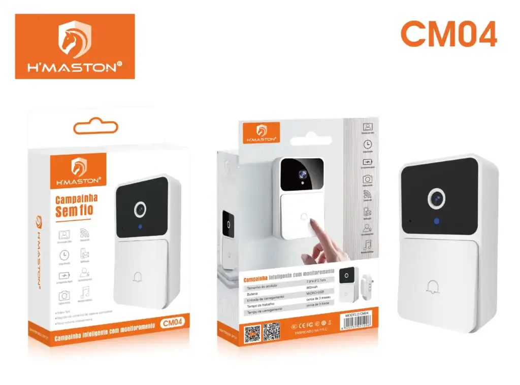 Sensor de campainha sem fio H'Maston com vídeo, monitoramento inteligente e fácil instalação para segurança residencial e comercial.