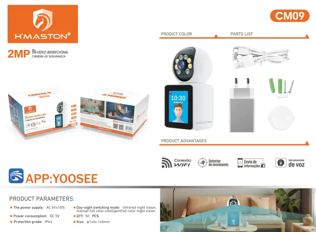 Segurança, câmera de vigilância IP, câmera de segurança Wi-Fi, monitoramento inteligente, câmera com display, vídeo bidirecional, câmera de vigilância para casa, H'MASTON, câmera IP com movimento e voz.