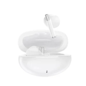 Fones de ouvido wireless brancos com estojo de carregamento compacto e moderno, ideais para uso diário, esportes e lazer, com tecnologia Bluetooth para uma experiência sonora de alta qualidade.