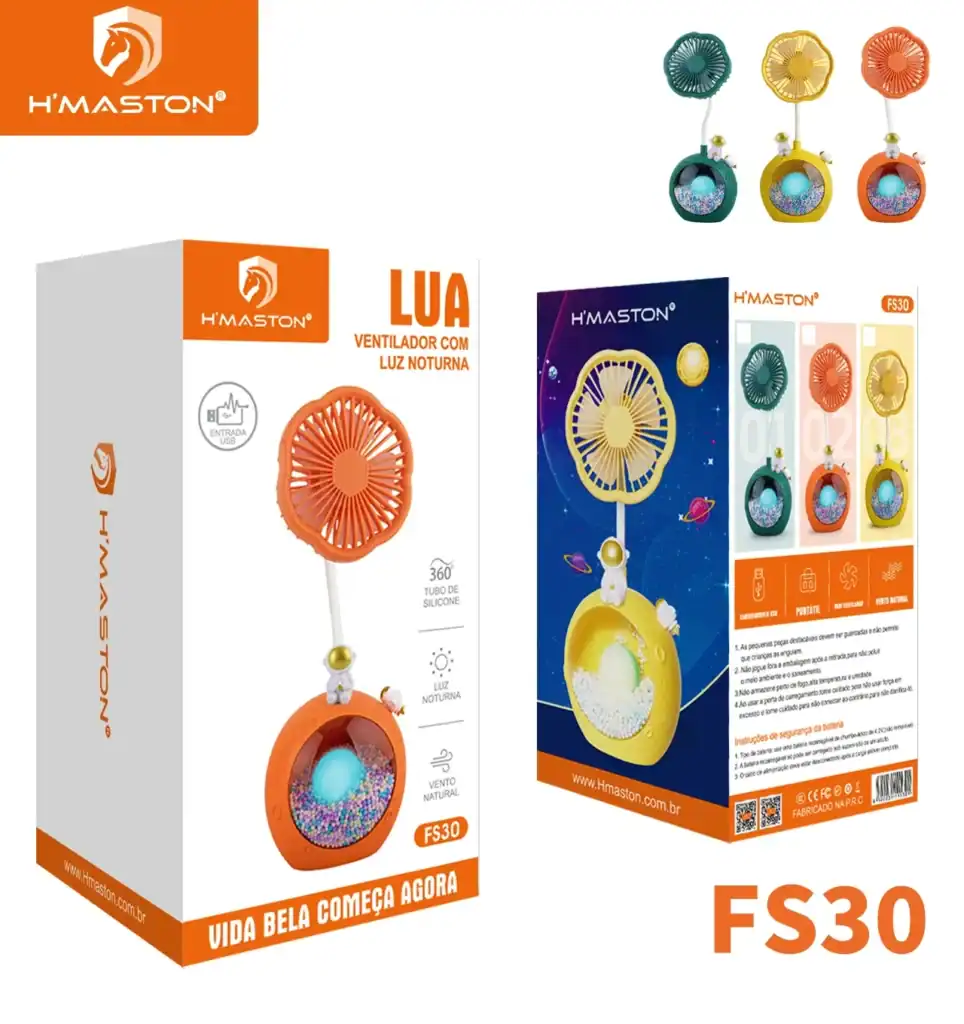 Ventilador com luz noturna H'Maston, portátil, com controle de energia, design moderno e seguro para crianças, ideal para quartos e ambientes internos.