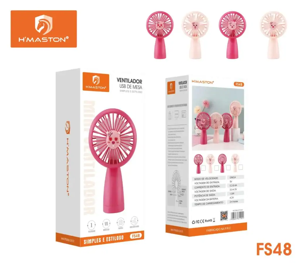 Ventilador USB de mesa H'Maston, portátil e com design fofo de rosto de animal rosa e branco, ideal para escritórios e quartos, com tecnologia segura e fácil de usar.