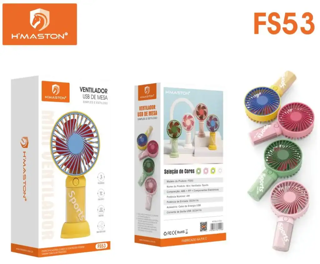 Ventilador USB portátil H'Maston com cores variadas, compacto, ideal para áreas de trabalho e lazer, com alimentação por cabo USB, potência de 4W e design moderno e funcional.