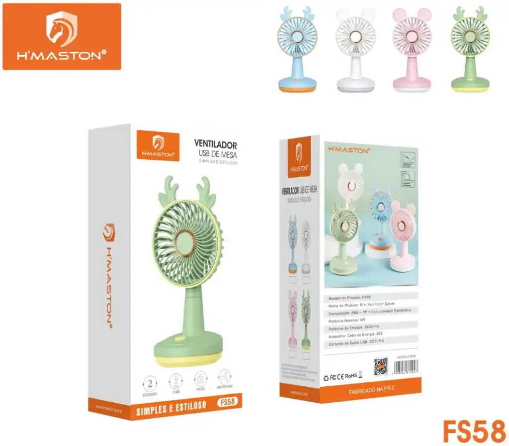 Ventilador portátil infantil com design divertido e cores pastel, ideal para crianças, alimentado por USB. Produto H'Maston com acabamento de alta qualidade e funcionamento silencioso.