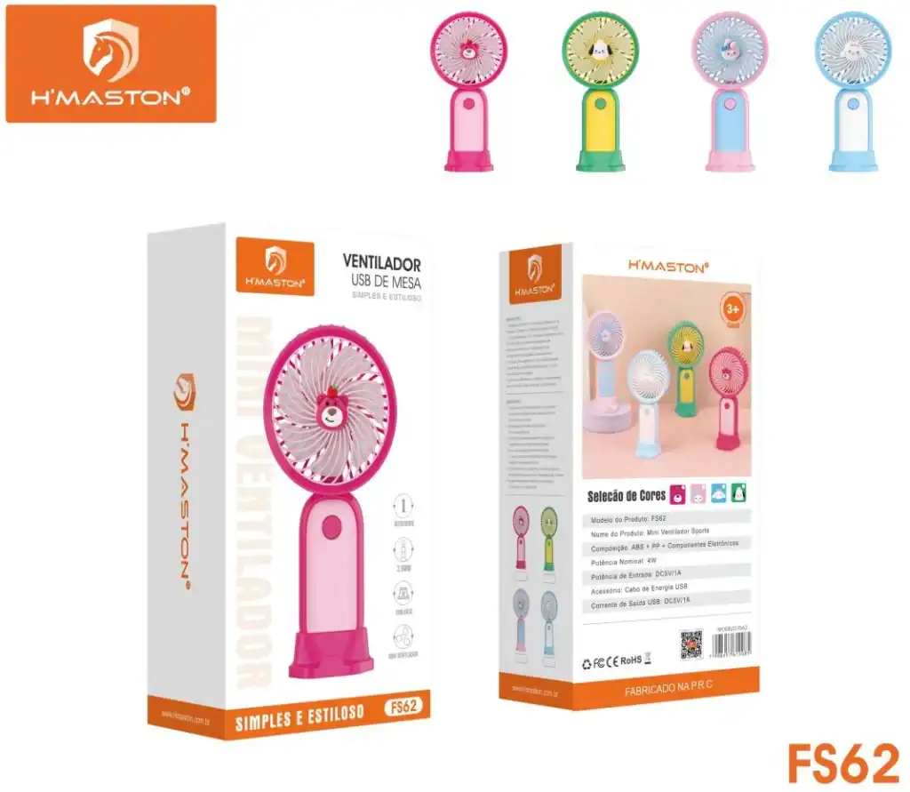 Ventilador portátil de mesa H'Maston, com design colorido e compacto, ideal para uso infantil. Compatível com USB, eficiente e seguro, perfeito para crianças a partir de 3 anos.