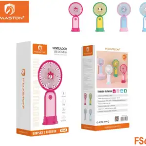 Ventilador portátil de mesa H'Maston, com design colorido e compacto, ideal para uso infantil. Compatível com USB, eficiente e seguro, perfeito para crianças a partir de 3 anos.