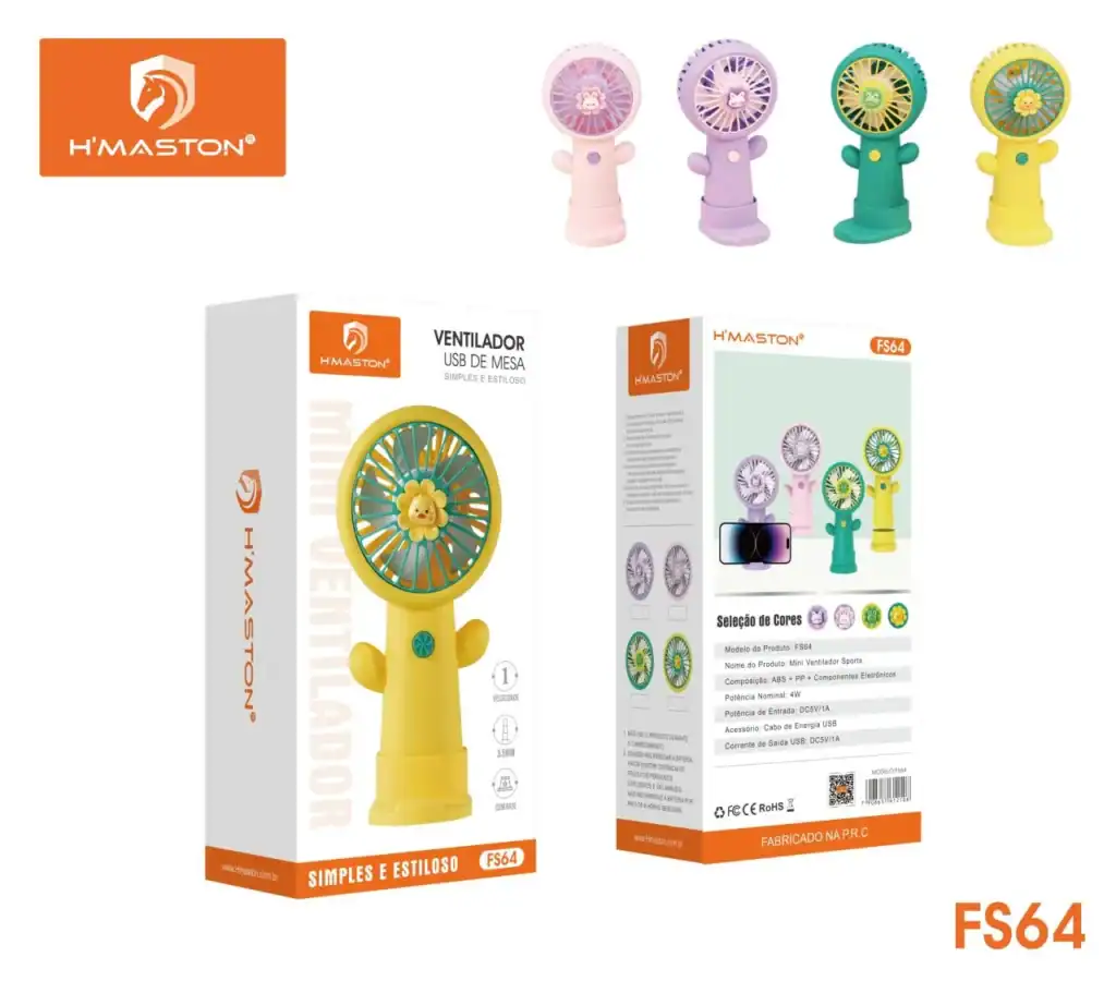Mini ventilador portátil com design de personagem divertido, ideal para uso em mesa, viagens e atividades ao ar livre, disponível em várias cores na H'Maston.