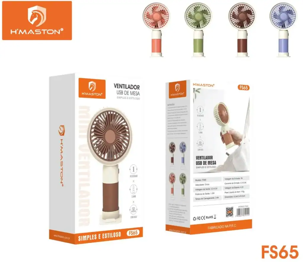 Ventilador portátil USB de mesa H'Maston, design compacto e estiloso com diferentes cores, ideal para uso doméstico e escritório.
