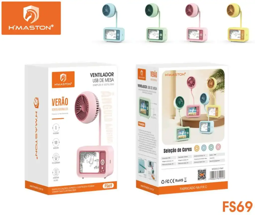 Fan portátil com ventilador USB com diferentes cores, design compacto e elegante, ideal para uso no escritório ou ao ar livre, com portabilidade e estilo para o verão.