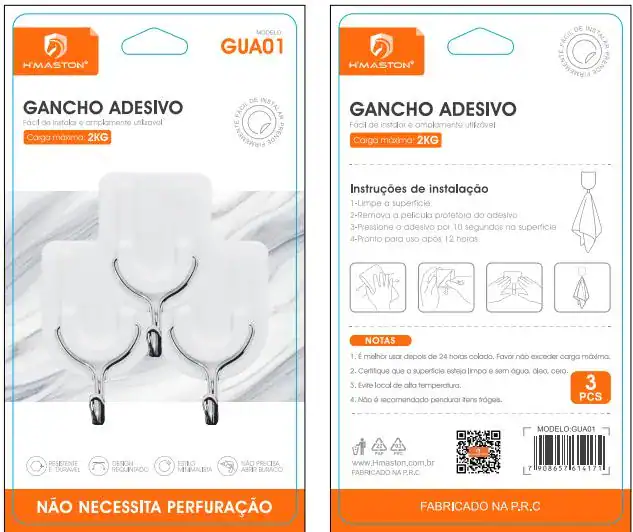 Gancho adesivo de fácil aplicação e remoção, ideal para prender objetos leves até 2kg, sem perfuração, perfeito para organização e decoração de ambientes internos, fabricado no Brasil pela H'Maston.