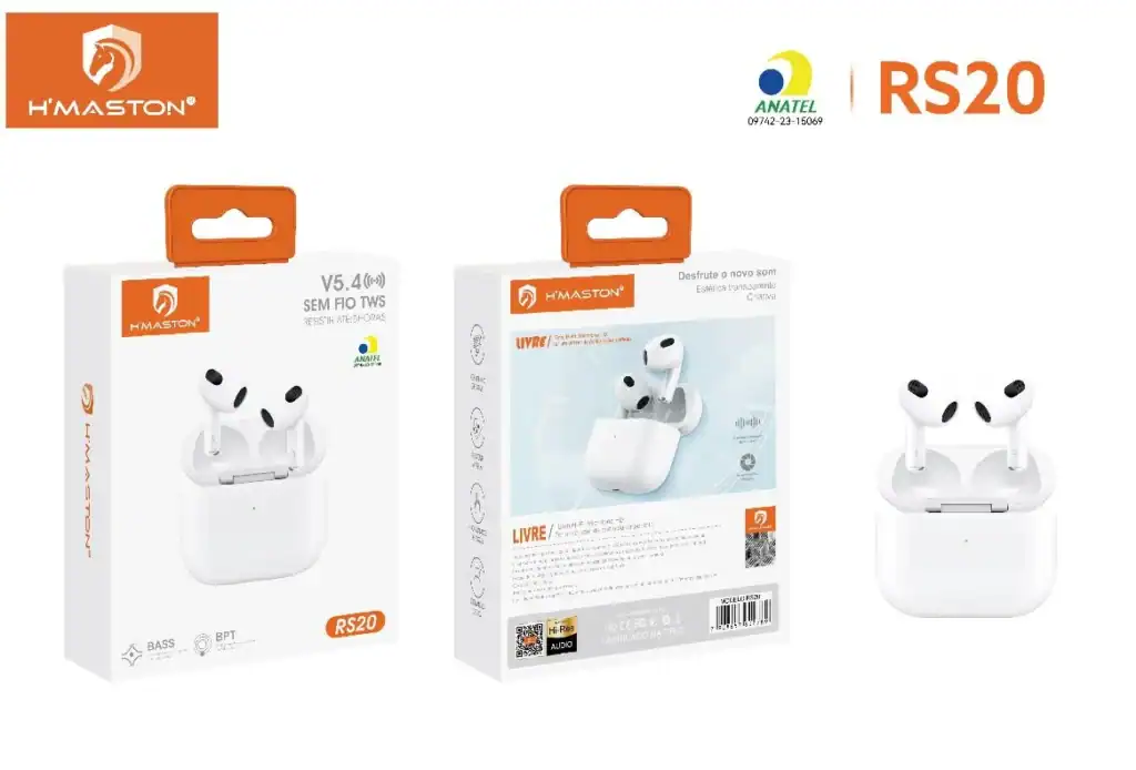 Fone de ouvido Bluetooth HMaston RS20 com som potente e design compacto, ideal para quem busca qualidade de áudio e conforto durante o uso diário.
