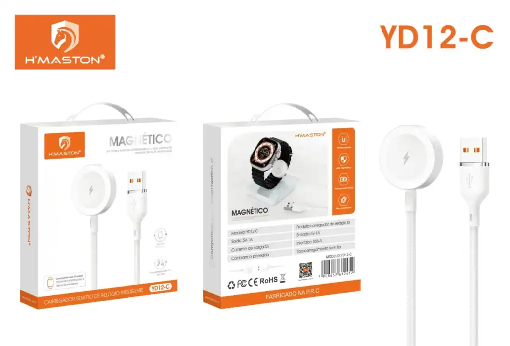 Carregador sem fio HMaston YD12-C com relógio digital, compatível com dispositivos Qi, design moderno e funcionalidade prática para uso diário.