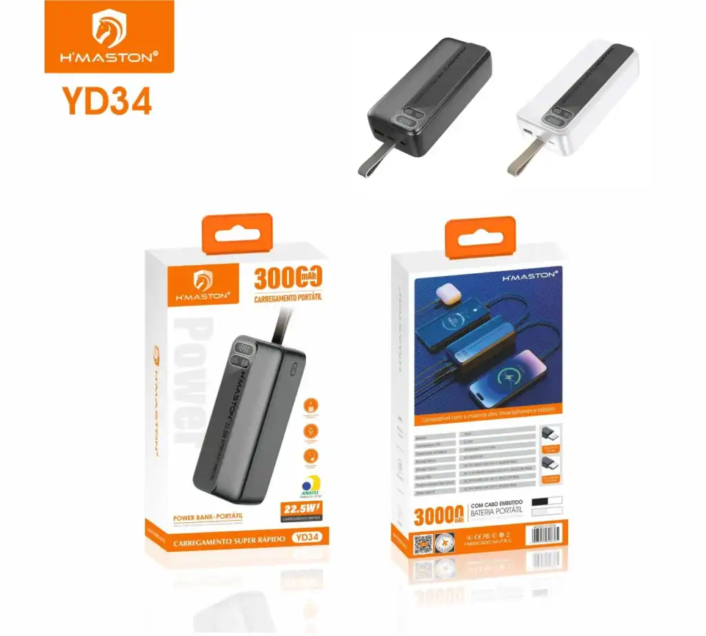 Carregador portátil HMaston YD34 com capacidade de 30000mAh, compatível com dispositivos Bluetooth, incluindo o Relógio Inteligente YD34, resistente e ideal para uso diário.