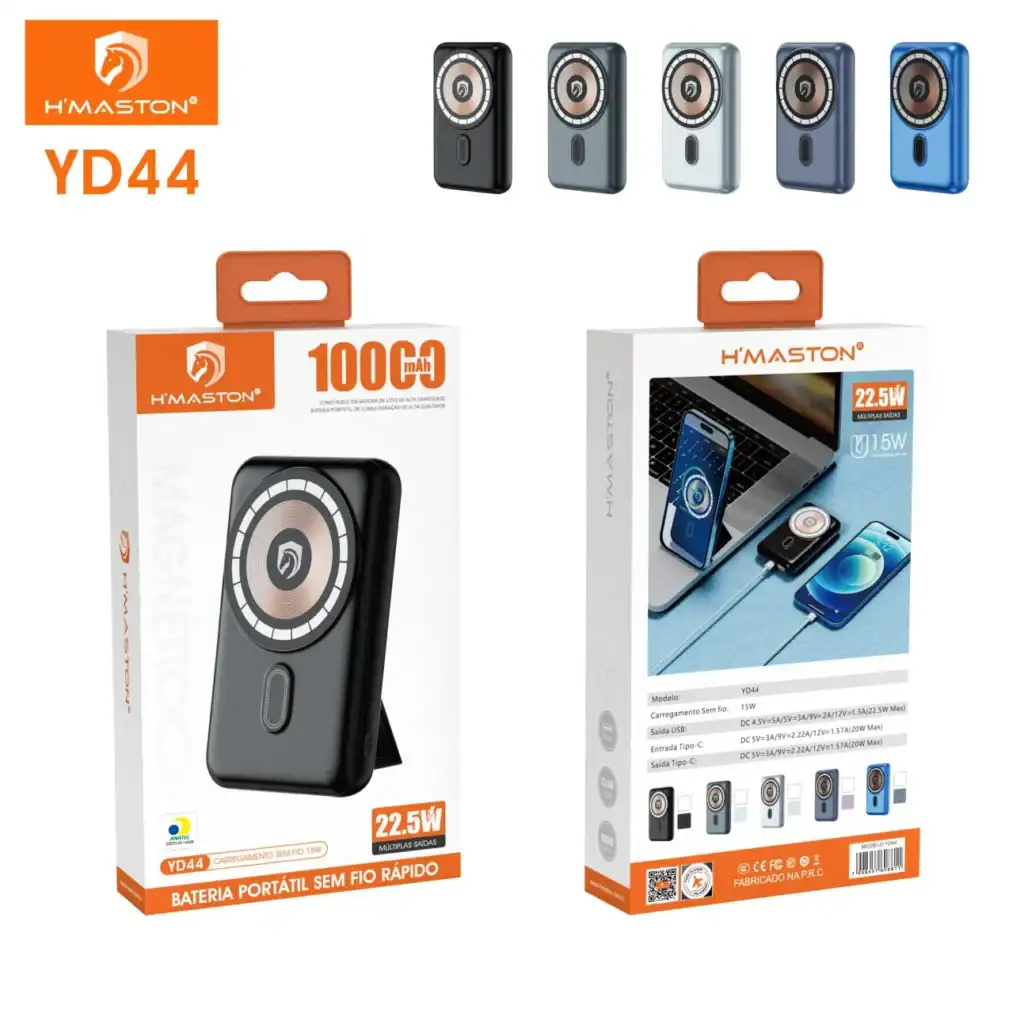 Carregador portátil YD44 de 20000mAh com entrada USB-C, compacto e leve, ideal para recarregar dispositivos móveis em qualquer lugar. Design moderno e alta capacidade para uso diário.