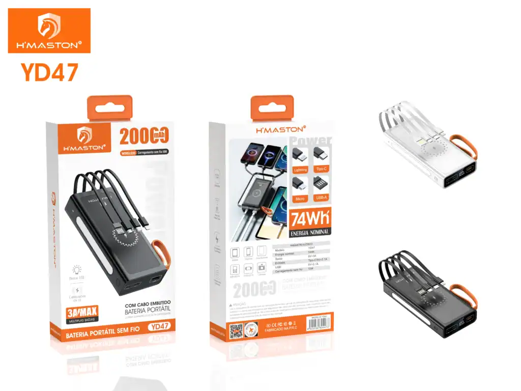 Bateria portátil H'MASTON YD47 de 2000mAh, ideal para recarregar dispositivos móveis com praticidade e resistência, perfeita para uso externo e emergências.