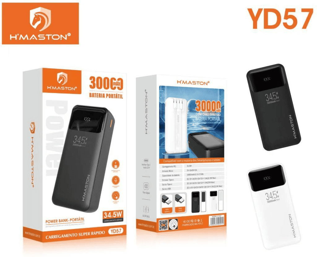 Bateria portátil H'Maston YD57 de 30000mAh com carregamento turbo, ideal para manter seus dispositivos sempre carregados. Design compacto e eficiente, compatível com smartphones e tablets.