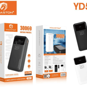 Bateria portátil H'Maston YD57 de 30000mAh com carregamento turbo, ideal para manter seus dispositivos sempre carregados. Design compacto e eficiente, compatível com smartphones e tablets.