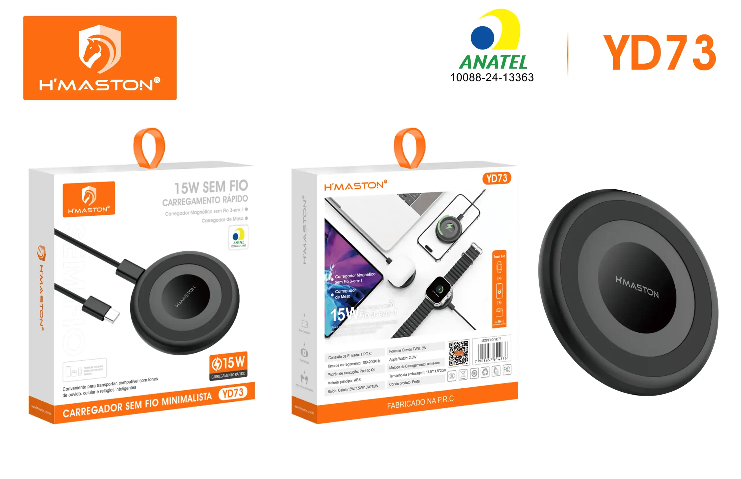 Carregador sem fio H'Maston YD73 compatível com dispositivos móveis, design compacto e eficiente, ideal para carregamento rápido e sem cabos, promovendo praticidade e modernidade.